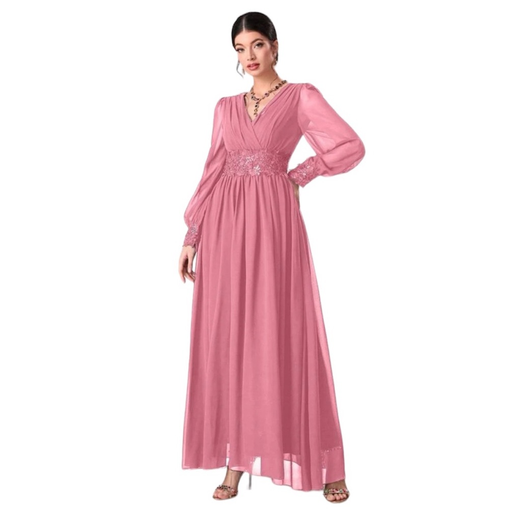 Dusty Pink Appliques Lantern Sleeve Floral Embroidery Chiffon Maxi Dress